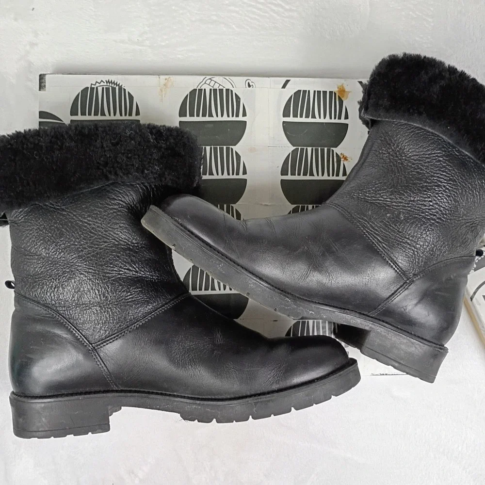 Santana Canada Black Leather Faux Fur Trim‎ Winter Boots Lug Sole Mens 8.5